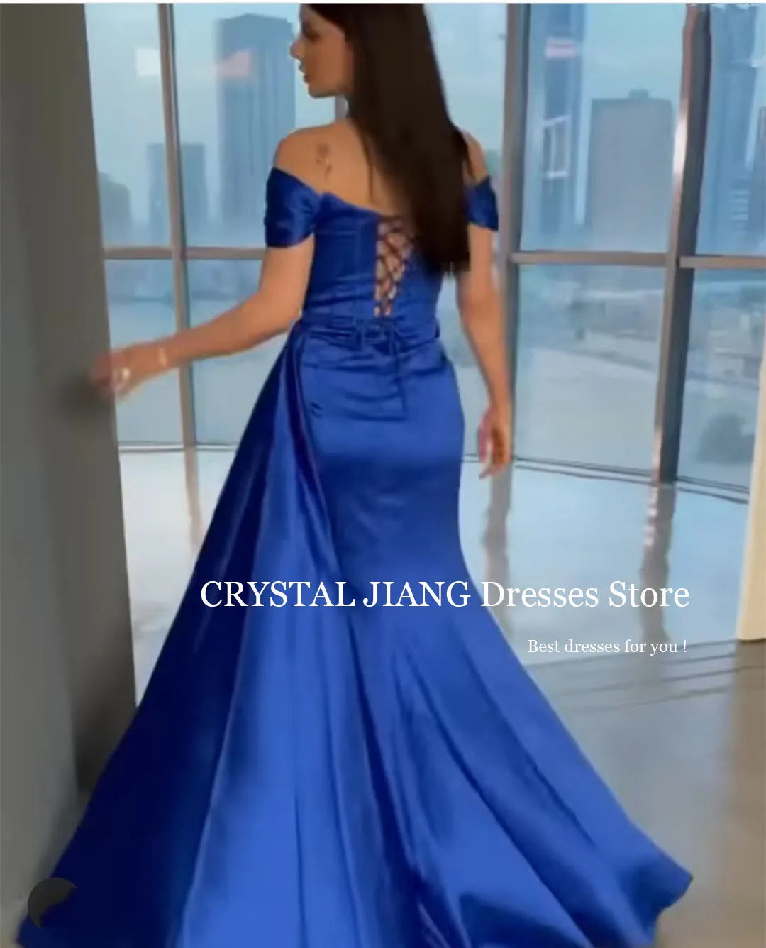 Long Blue Satin Off the Shoulder Muslin Evening Dresses with Slit Mermaid Pleat Sweep Train Abendkleider Damen