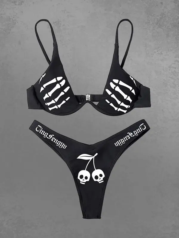 Gothic Women's Bikinis Set Skeleton Claw Skull Cherry Print Seamless Spaghetti Straps Swimmwears Top And Swimsuit Bottoms 2Pcs - view 4
