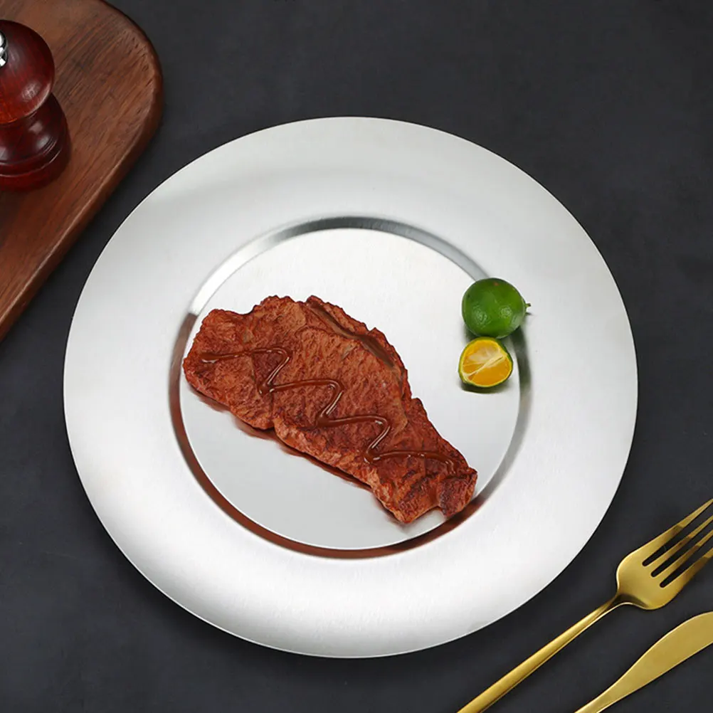 

Round Stainless Steel Plate Food-Grade Vintage Dessert Serving Dish Metal Tray For Snacks Sushi Camping Picnic Bbq Steak