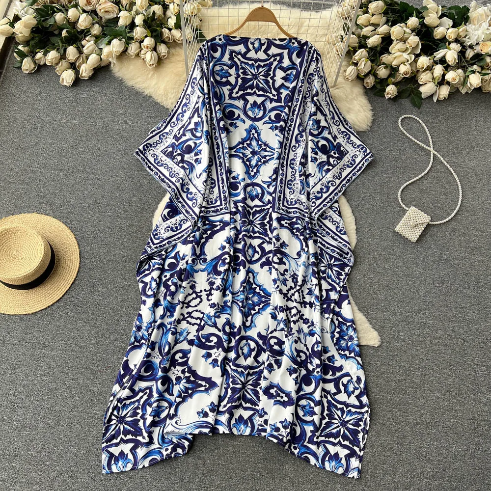 

Summer Fashion Blue And White Porcelain Print Long Loose Robe Women's Batwing Sleeve Retro Slash Neck Side Split Maxi Dress