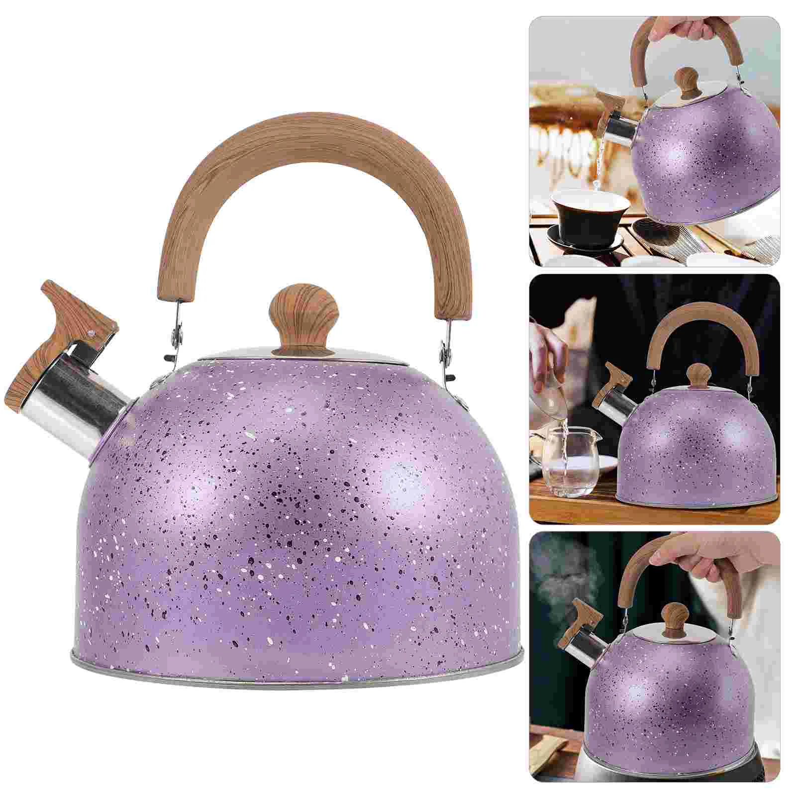 

Stovetop Whistling Pot for Boiling Water Tea Infuser Boiled Metal Stainless Steel Purple Wood Kettle
