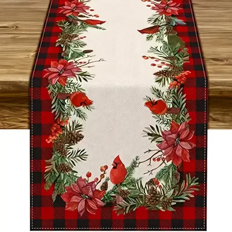 Christmas Red Black Plaid with Cardinal Linen Table Runners Home Decor Reusable Kitchen Dining Table Runners Xmas Decorations