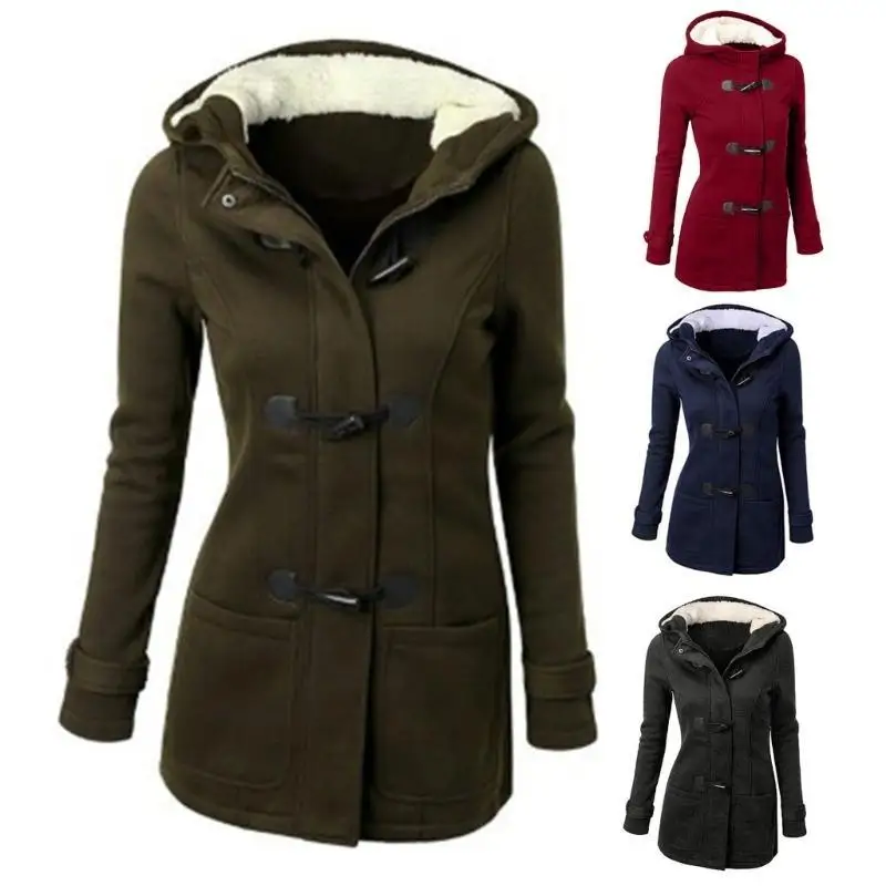 

652F Женское зимнее теплое флисовое длинное пальто с роговыми пуговицами, куртка, верхняя одежда