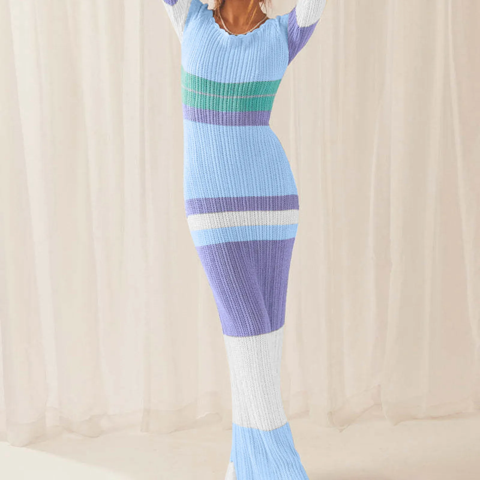 

Contrast Color Beach Knitted Striped Dress Long Sleeved Slim Hip Wrapped Dresses Women’s Roung Neck Casual Sweater Dress