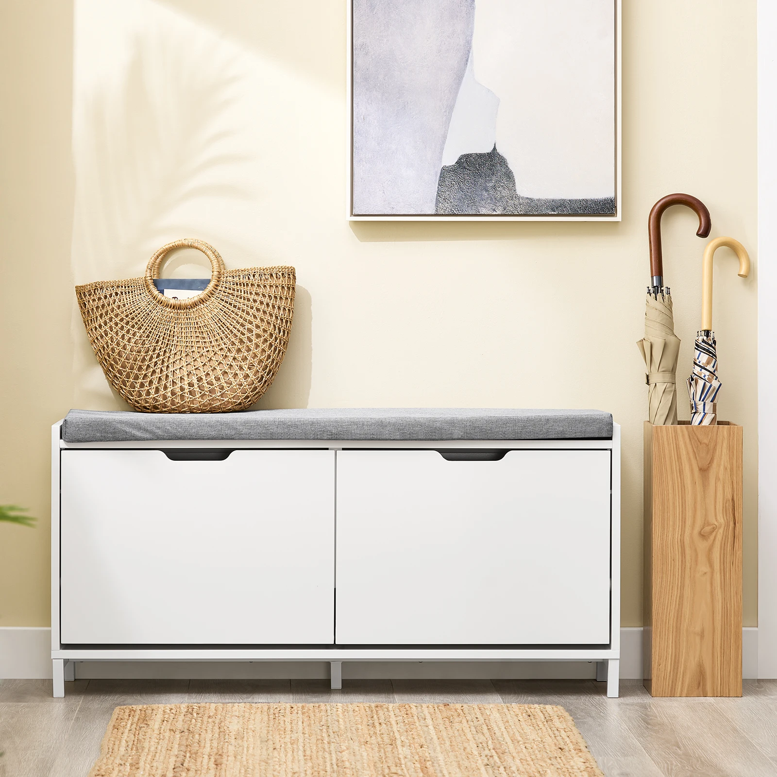 SoBuy FSR151-L-W Banco de zapatos con asiento Zapatero Gabinete de zapatos estrecho con almacenamiento 250 kg MDF enapaable y hierro 105x52x24