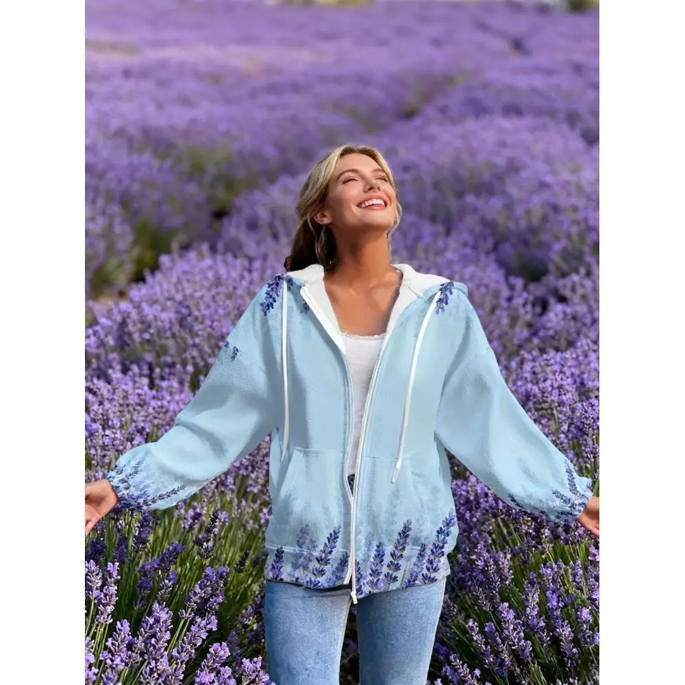 

Fashion women's hooded zipper sweater 3D printing full version lavender flower and patriotic soldier pattern