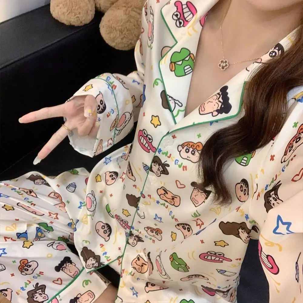 2Pcs Crayon Shin Chan Pajamas Spring and Autumn Women's Long Sleeved Pants Cute Cartoon Girls Pjs Couple Home Clothes Leisure