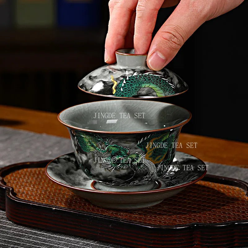 Jingdezhen Black Dragon Covered Bowl Ceramic Kung Fu Tea Bowl Chinese Style Large Capacity Tea Cup Household Drinking Utensils