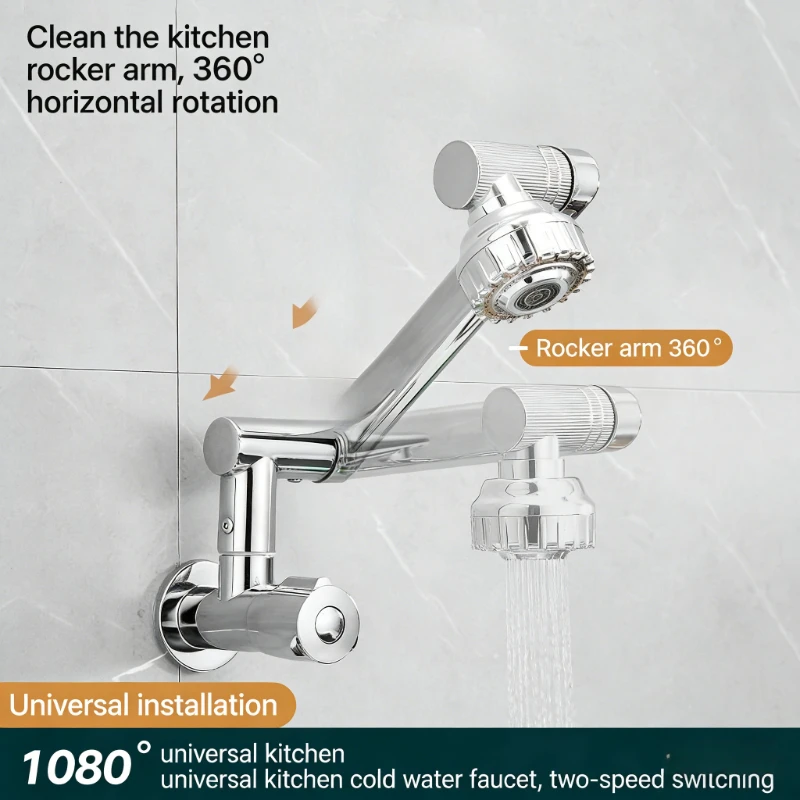 

Kitchen Faucet Stainless Steel Single Cold Water Tap Wall Mounted 360° Rotation Bathroom Faucet 2 Modes Nozzle Basin Faucet