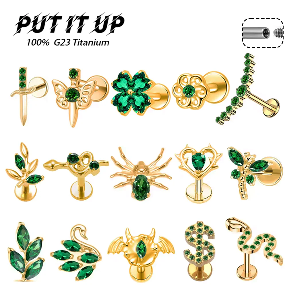 PUTITUP F136 Titan Legierung Luxus Grün Zirkonia Ohrring Set Mode-Statement Ohr Knorpel Lip Stud Körper Piercing Schmuck