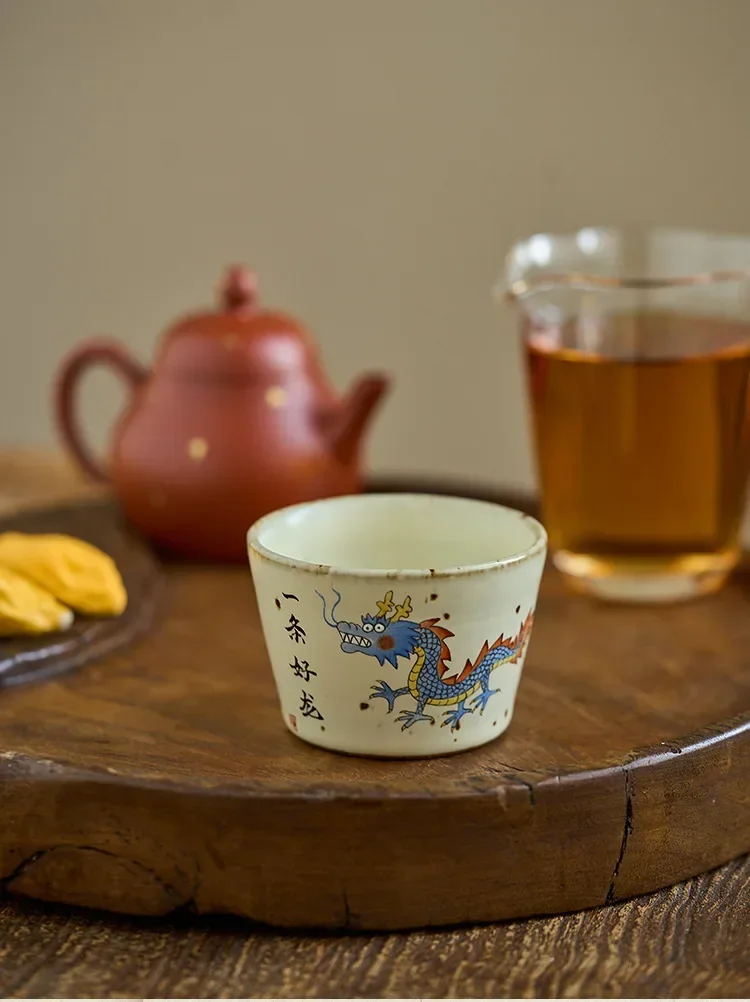 Hand-painted dragon pattern teacup master cup Jingdezhen coarse pottery cartoon tea set single cup tea tasting cup retro tea