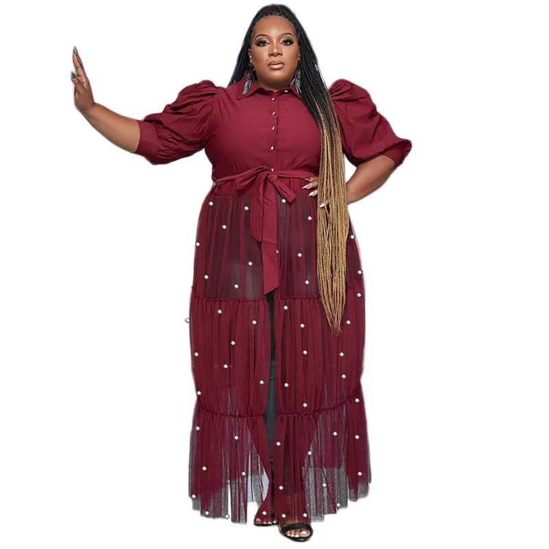 

African Plus Size Dresses for Women Autumn African Shirt Dress Pearl Mesh Patchwork V-neck Short Sleeve Casual Long Dress XL-5XL