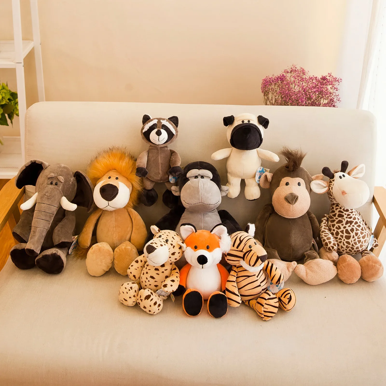 25CM Forest Animals Tigers Lions Elephants Monkeys Giraffes Jungle Dolls Plush Toys Children's Gifts Cute Sleep Pillows