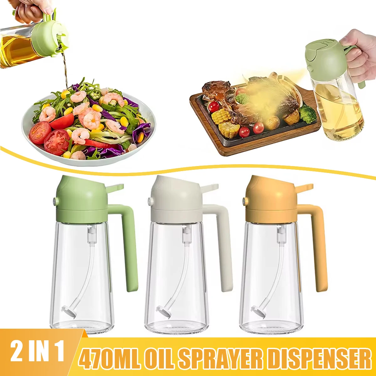 2-in-1-Ölsprüher, Presstyp-Ölsprühflasche, 470 ml, Küche, Speiseöl, Sprühgerät, Outdoor, Grill, Sprühflasche, Essig, Soße