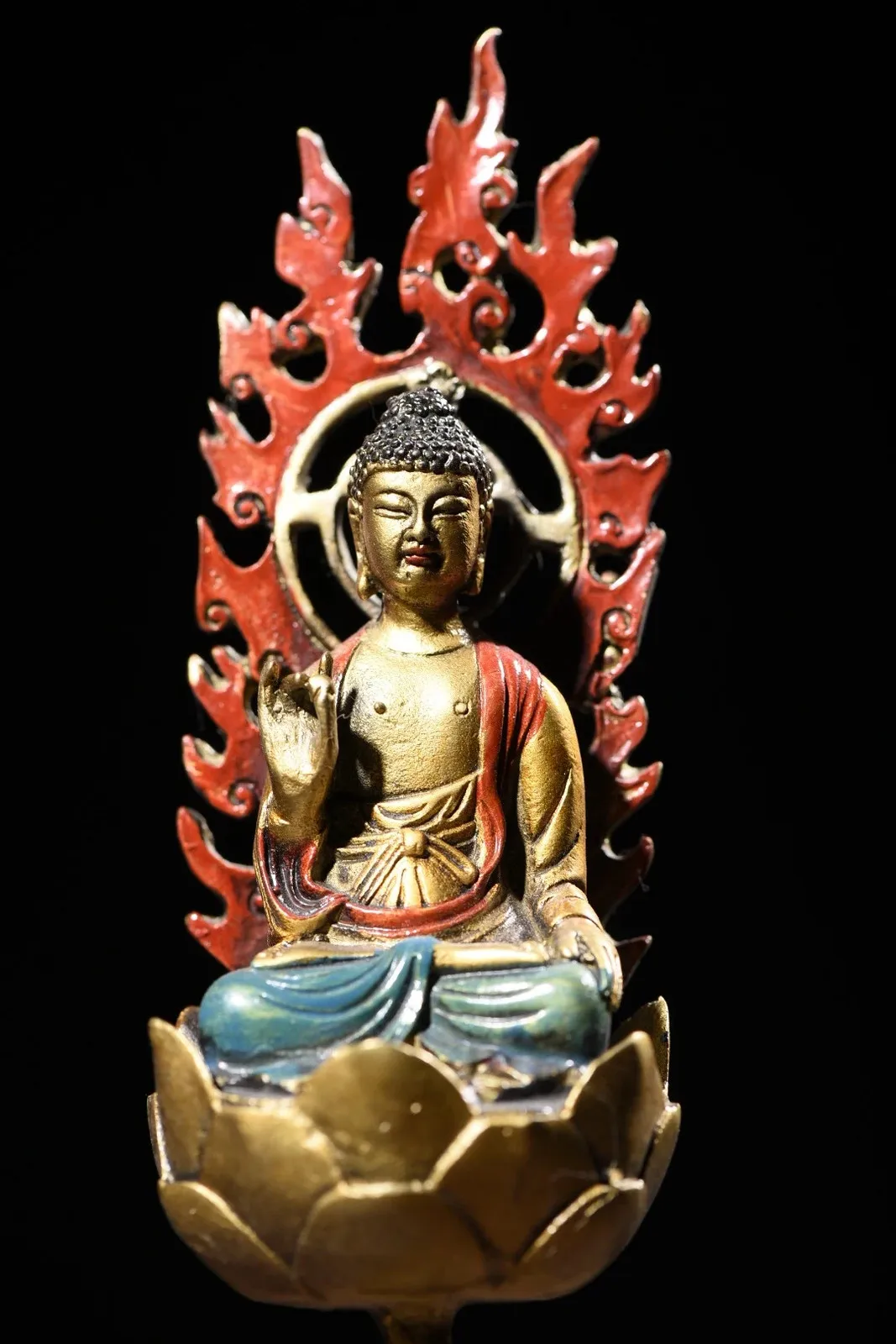Bronze Painted Dragon Buddha Platform Shakyamuni Amitabha Flame Backlight