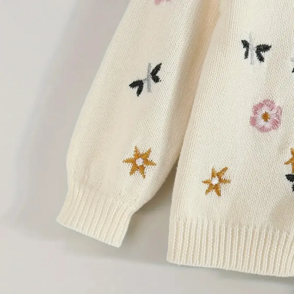 Spring Autumn New Children Girls Knit Cardigan Girl Cotton Embroidery Floral Long Sleeve Cardigan Sweater Knitted Sweater