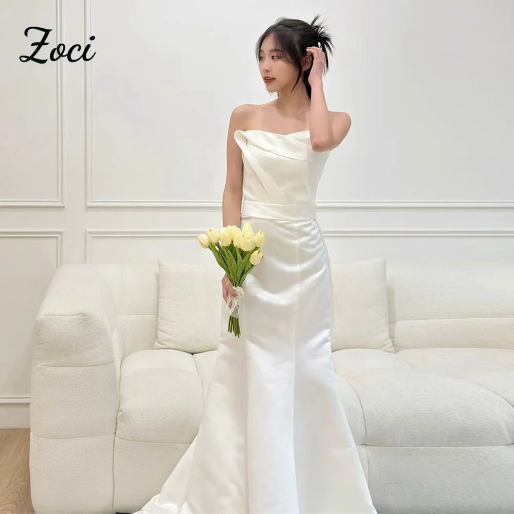 

Zoci Strapless Mermaid Korea Wedding Dresses Sleeveless Belt Satin Customized Bride Gowns Photos Shoot Elegant Wedding Dresses