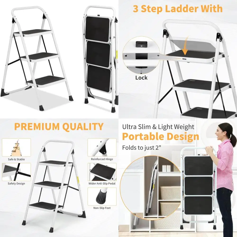 مقعد قابل للطي مضاد للانزلاق بثلاث خطوات مع مشطات واسعة، سلم فولاذي خفيف الوزن للاستخدام المحمول #1