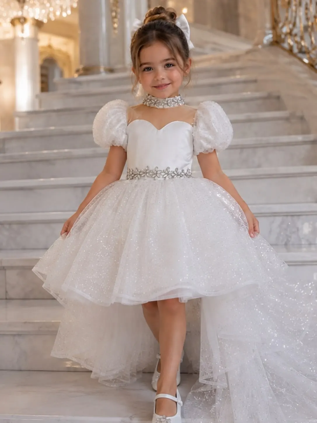 robe-de-demoiselle-d'honneur-blanche-a-col-cœur-manches-bouffantes-ceinture-ornee-de-strass-en-tulle-scintillant-coupe-asymetrique-avec-traine-pour-mariage-et-premiere-communion
