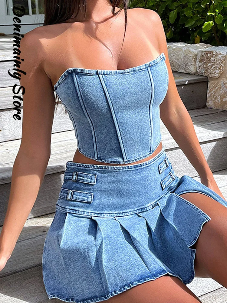 

Women's Short Skirt Two-piece Suit Fashion Denim Slim Tube Top High Waist A-line Pleat Skirts 2025 Summer Party Woman Sets