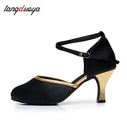 Sapatos de dança latina mulher preto de seda tango salsa jazz menina salão de baile sapatos de dança profissional para as mulheres salto alto 5/7cm tangduoya