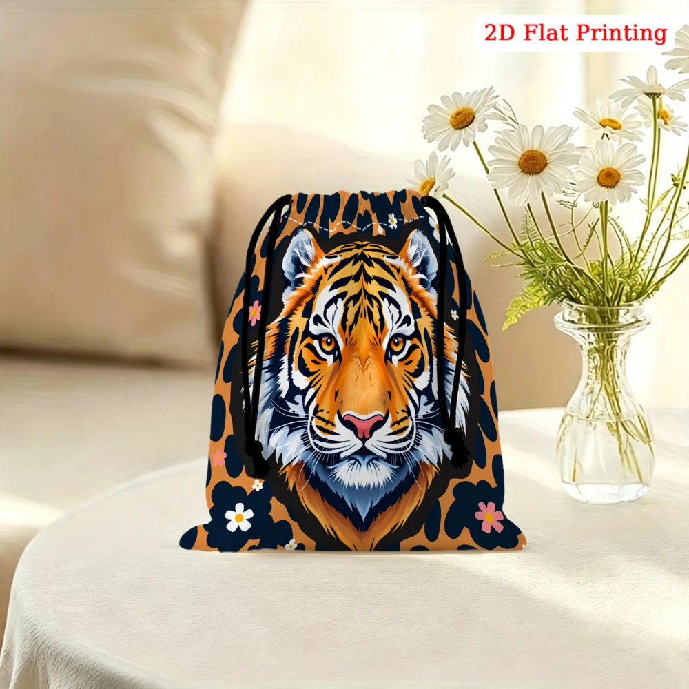 1Pc Tiger Print Drawstring Bag Orange Black Floral Pattern Storage Small Pouch Travel Cosmetic Organizer For Women Men Lightweig
