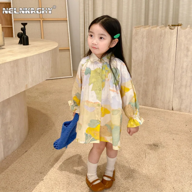 2024 Spring New in Kids Baby Girls Cute Clothes Children Full Sleeve Oil Painting Style Lapel Shirt Dress Toddler Outwear 2-7Y