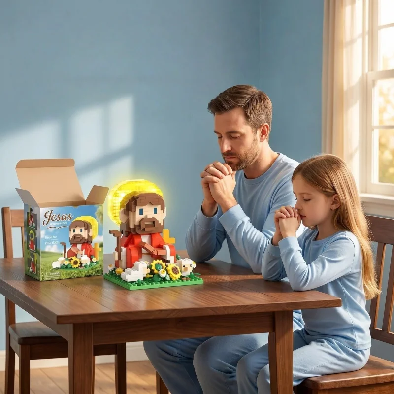 Mini Jesus building block set in shepherd design, DIY assembling toy with sheep and flower elements, creative desktop ornament s