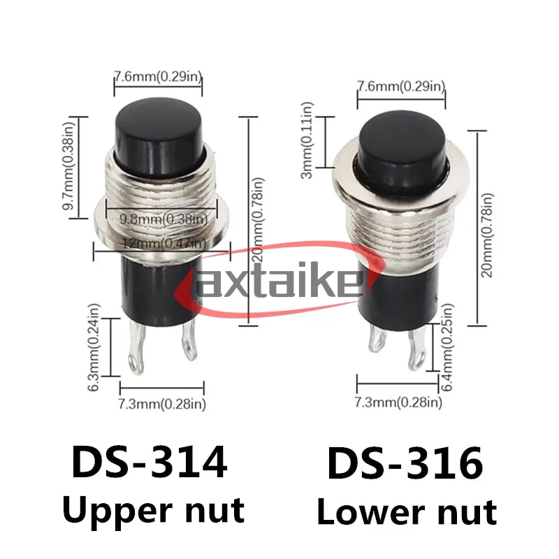 5PCS DS-314/DS-316 Panel Mount 10mm Momentary OFF-(ON) Push Button Switch - Circular Horn, Power Start with Top Screw Thread