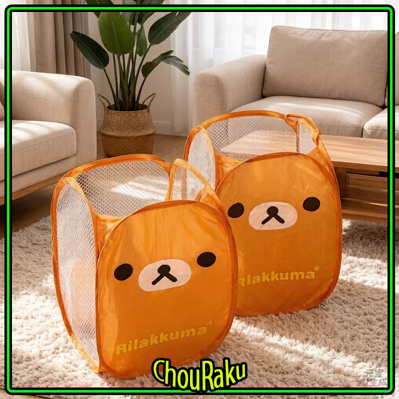 Kawaii Rilakkuma Printed Laundry Hamper Foldable Portable Mesh Collapsible Storage Basket For Bedroom Bathroom Living Room
