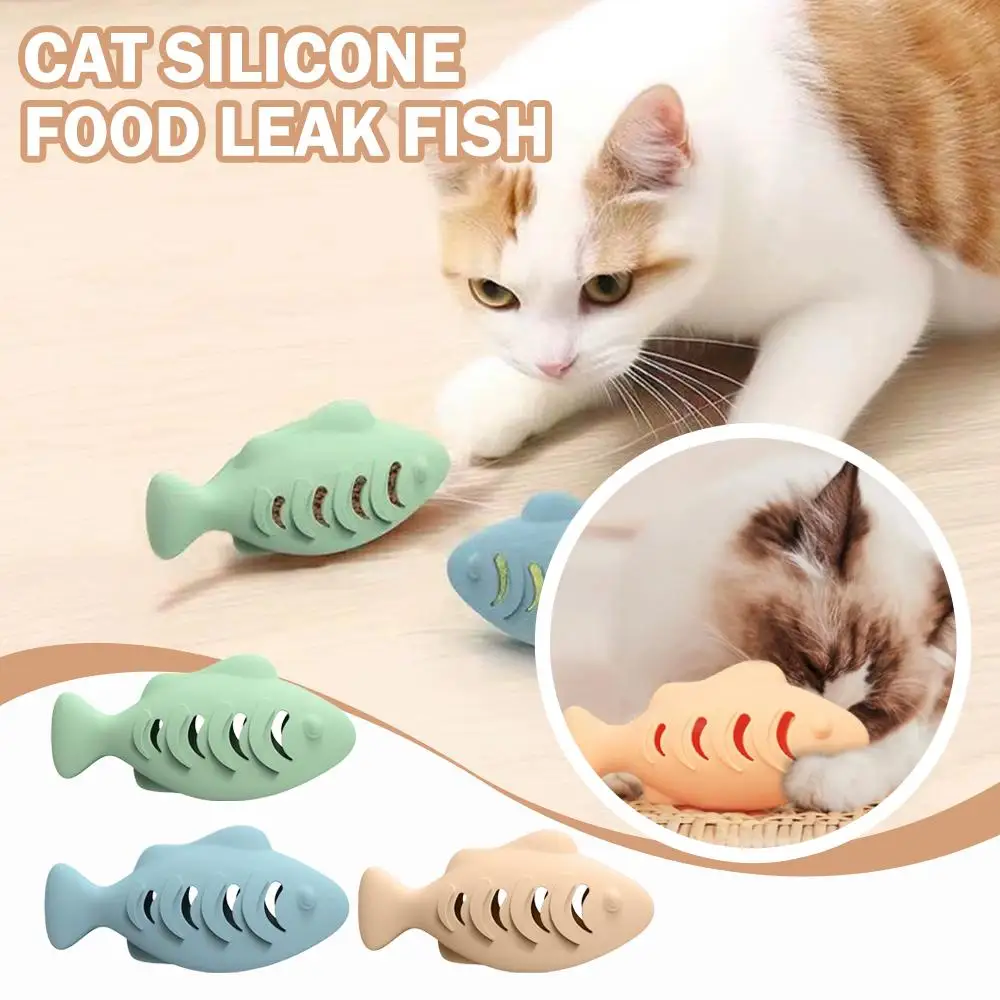 Dispensador de comida interativo para gatos, brinquedo interativo para gatos internos, tratamento azul e catnip, brinquedo de mastigar de peixe de silicone para cuidados dentários