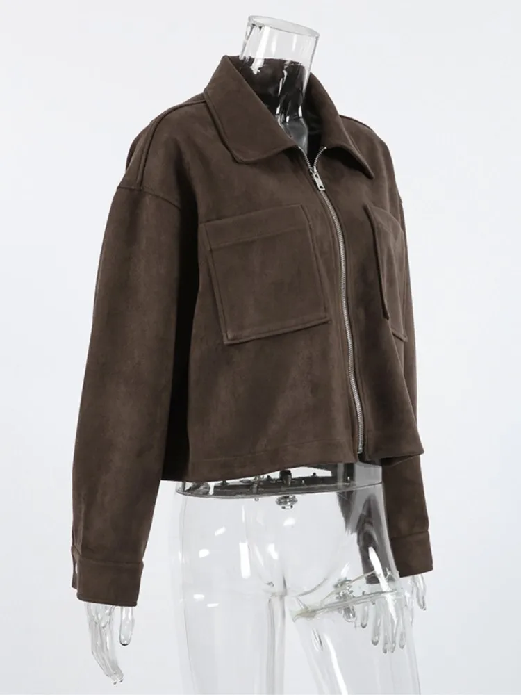 Retro Suede Short Jacket Women Autumn 2025 New Fashion Loose Casual Turn Down Collar Zipper Outerwear Street Chic Office Coat