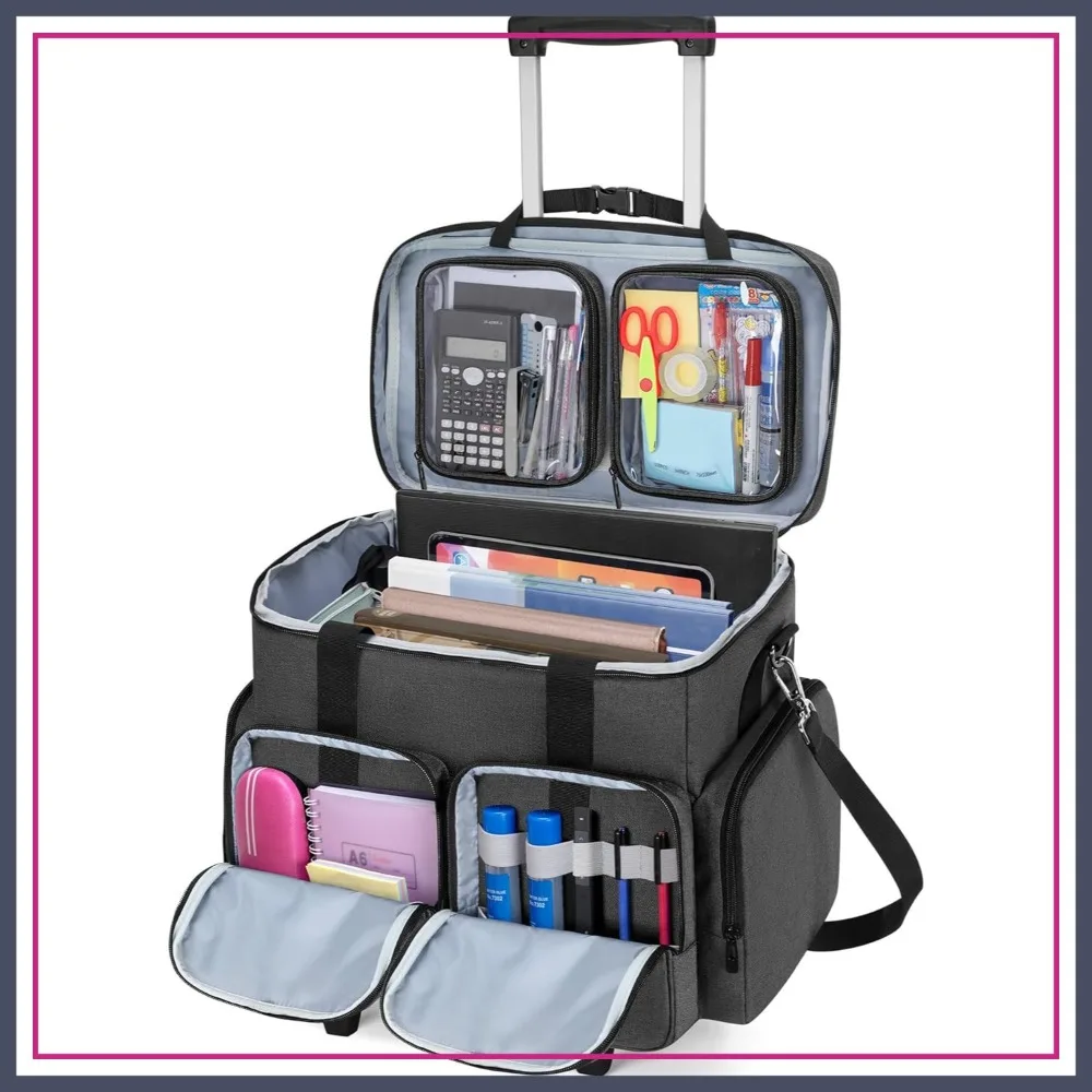 

Rolling Teacher Tote Bag with Padded Laptop Compartment for 15.6" Laptop, Wheeled Bag for Office & Craft, Black