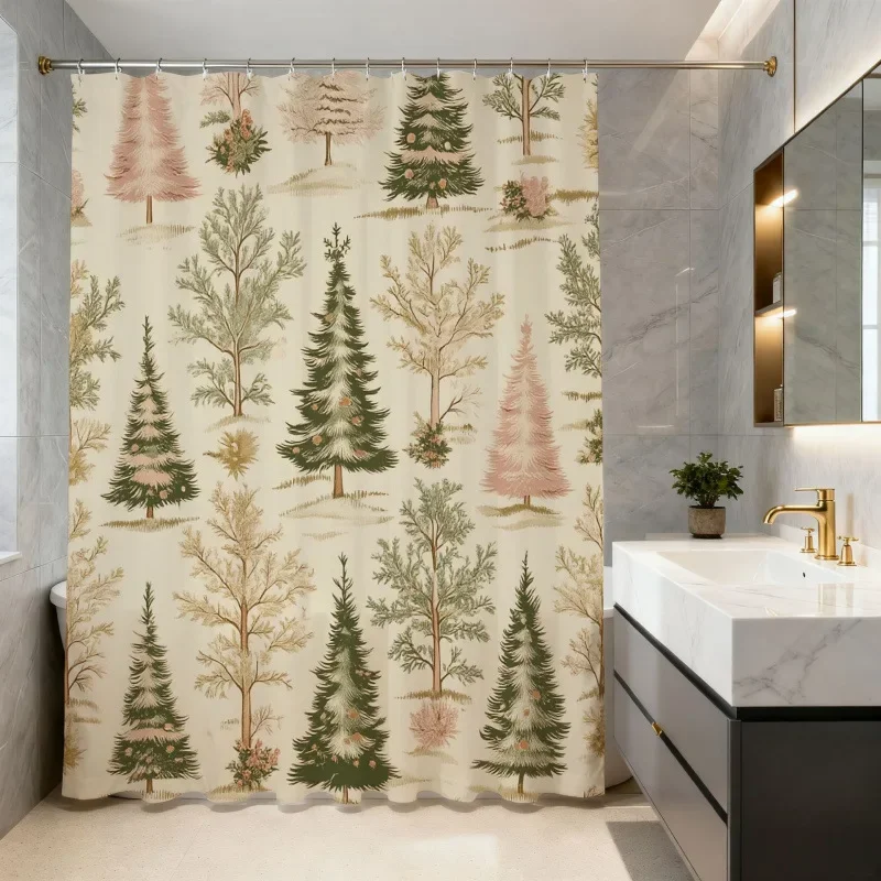 Christmas Shower Curtain Snowman Gingerbread Man Santa Xmas Tree Reindeer Waterproof Bath Curtain Holiday Decor w Hook