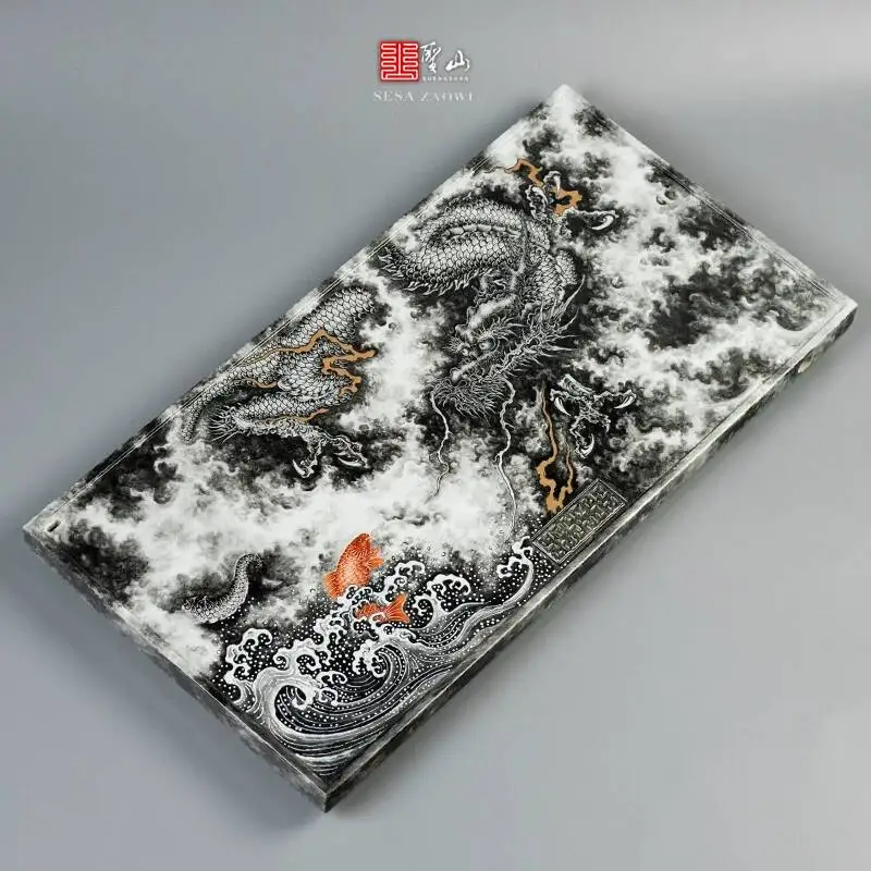 Sacred Mountain Pastel Carp Jingdezhen Handmade Hand-Painted Full Ink Dragon Dry And Wet Dual-Use Large Tea Tray