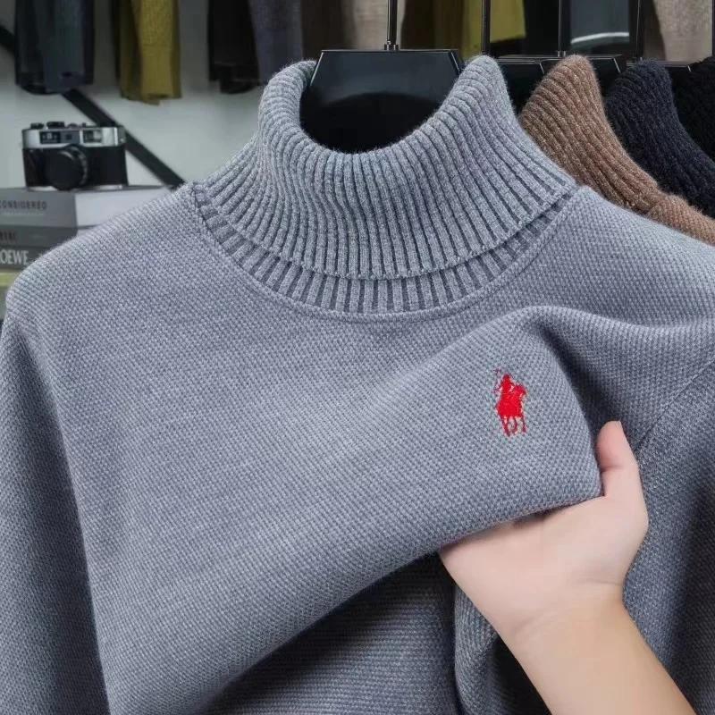 High end brand velvet sweater men's new fashion designer exquisite pony golf embroidery winter warm high neck knitted pullover
