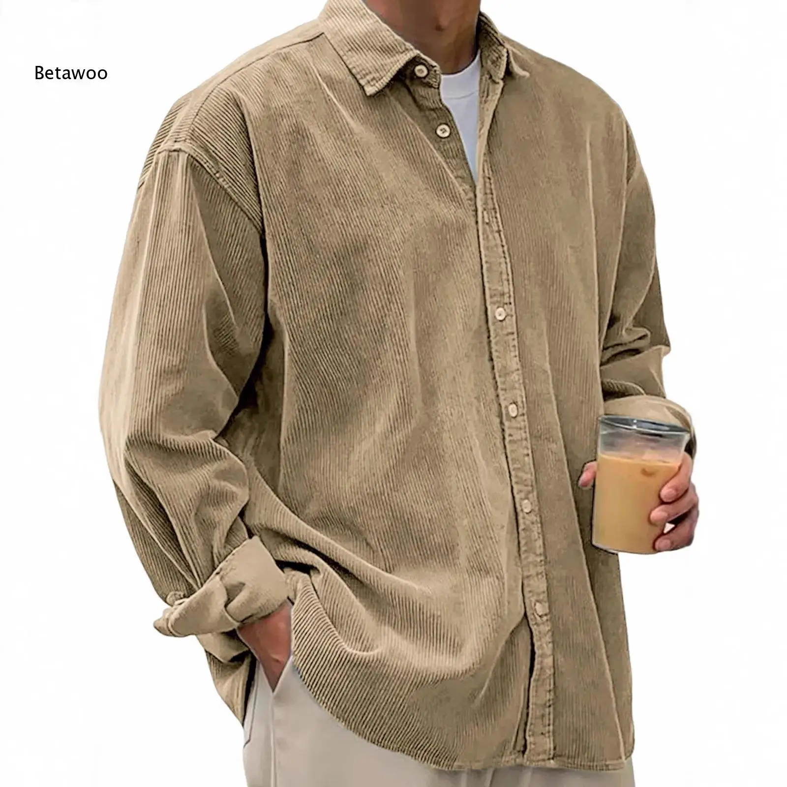 Stylish Men Corduroy Collared Long Sleeve Button Shirt Loose Fit Solid Top For Daily Casual And Short Trip Scenarios