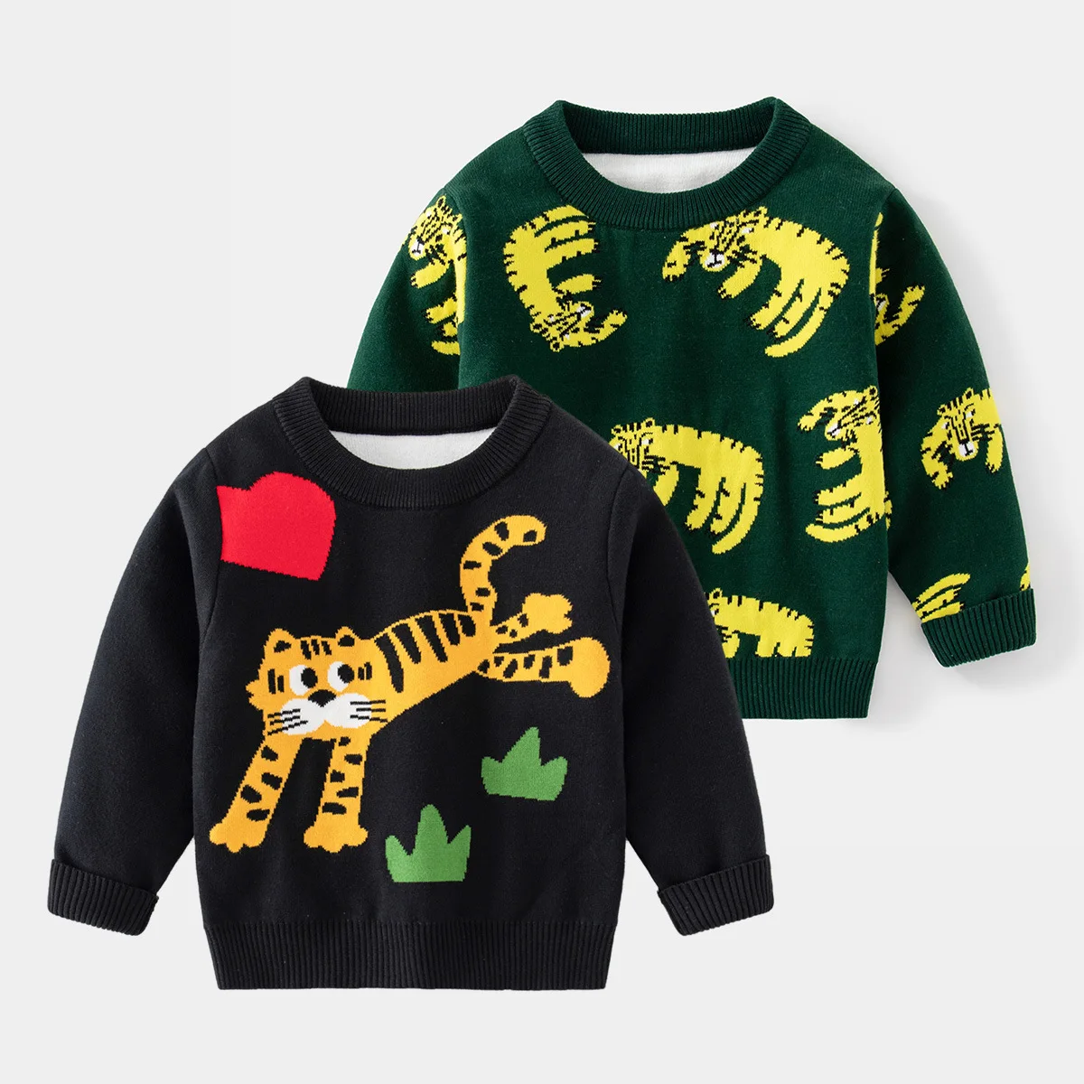 Kids Boys Casual Cute Cartoon Tiger Knitted Crew Neck Pullover Sweater Toddler Baby Knitwear Children's Autumn Winter Sweaters