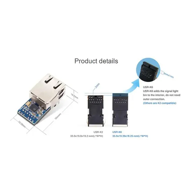 TTL para Ethernet Converter Module, tamanho minúsculo, transmissão bi-direcional, TCP, UDP, UART, USR, K6