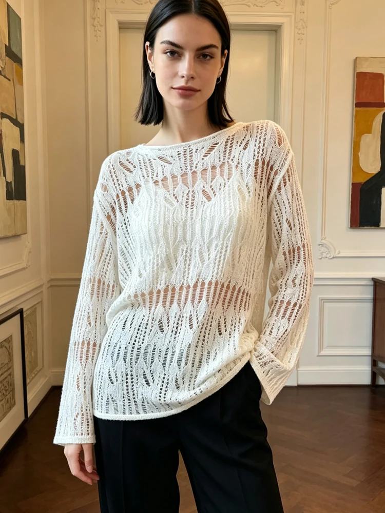 

Fashion Knitted Hollow Out Pullovers Y2k See Through Streetwear Blouse Long Sleeve Sun Protection Shirt Casual Loose Tops