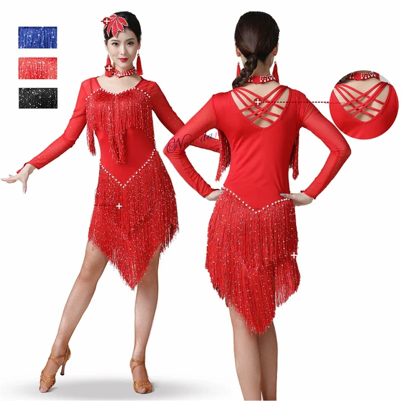 2021 New Sexy Latin dance dress women mesh sequin fringe competition Tango samba Umba salsa Latin dress