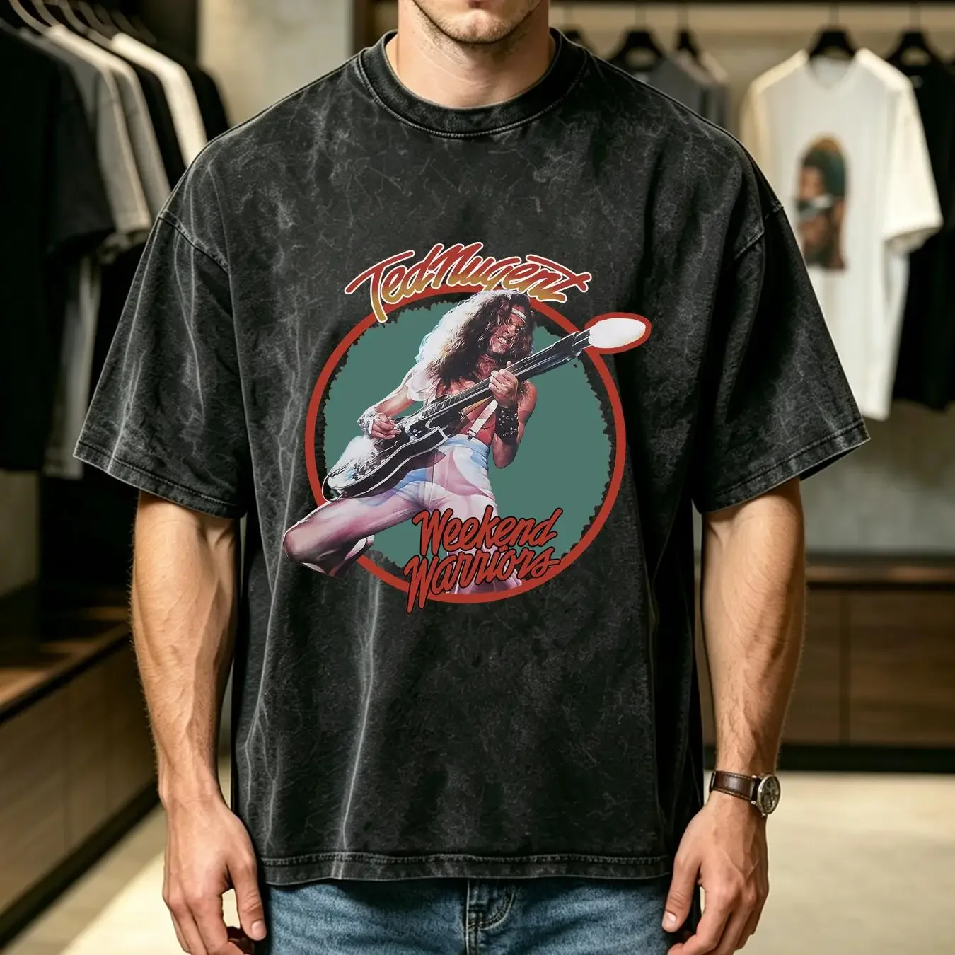 washed T Shirt Vintage TED NUGENT Guitar  Black Man S 4XL TT2059 vintage Washed Stylish Stretched streetwear graphic