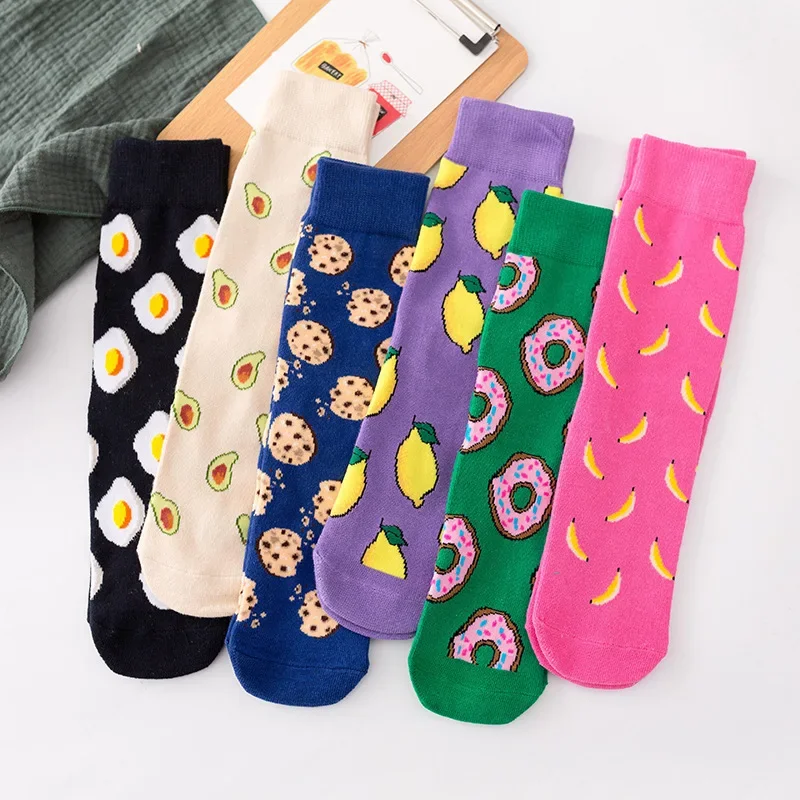 Colorful Women's Socks Woman's Cotton Socks Fruits Banana Avocado Lemon Egg Cookie Donuts Food Happy Color Sox Harajuku Socks