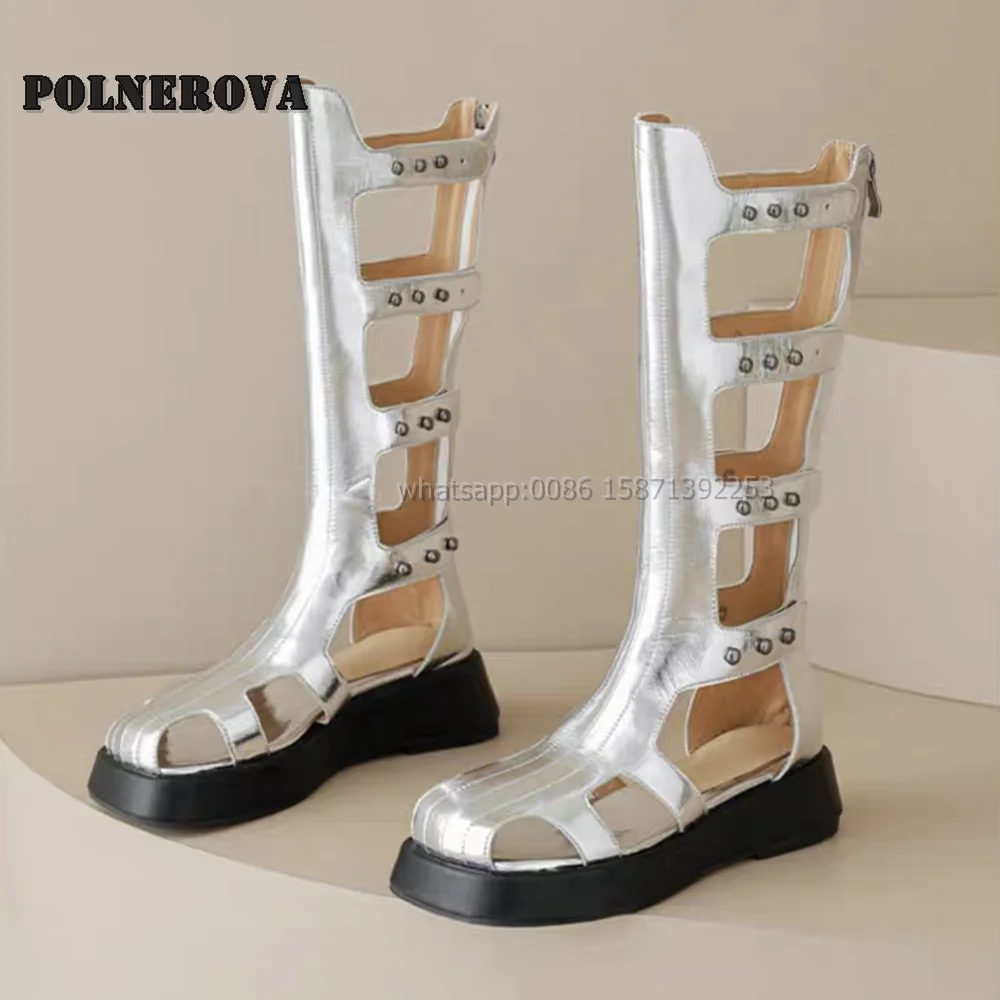 

Rivet Hollow Out Silvery Gladiator Square Toe Tank Soled Patchwork Zipper Belt Buckle Knee High Boots Punk Spicy Girl Sandals