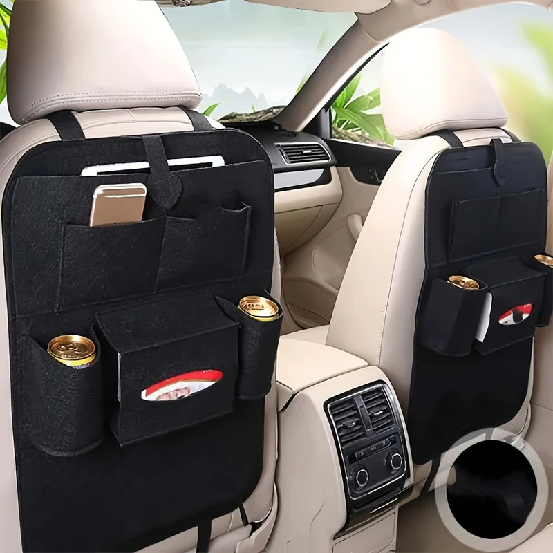 Bolsa organizadora de carro de feltro preto, bolsa de armazenamento para encosto de assento de veículo com vários bolsos, 1 pacote