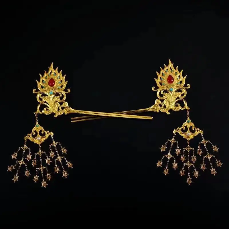 Chinese Traditional Lucky Blessing Gold Plated Copper Flame Pattern Hairpin Vintage Hanfu Hair Stick Auspicious Hair Jewelry For