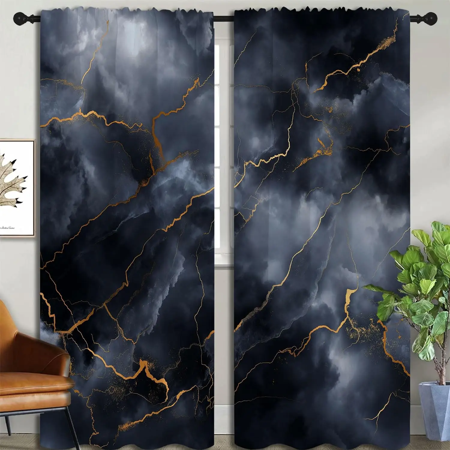 Luxury Dark Smoke Marble Window Curtain Shiny Golden Crack Fluid Ink Texture Rod Pocket Window Panels Modern Office Home
