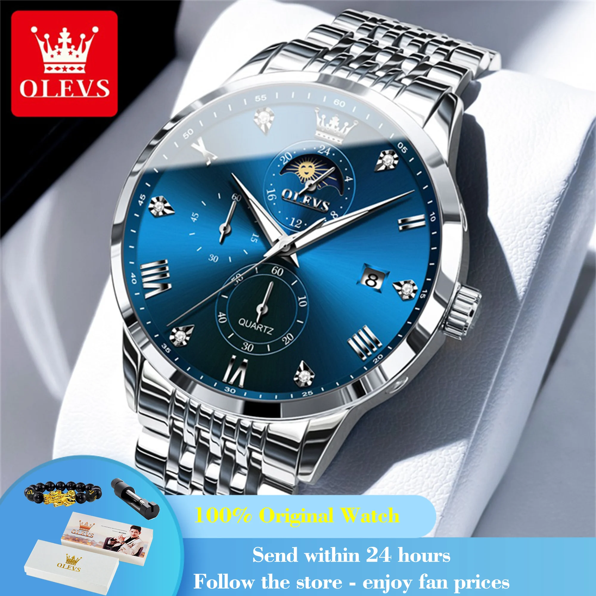 

OLEVS 2925 Men's Watch Roman Scale Date Quartz Watch For Men Chronograph Moon Phase 24 Hours Display Male Wristwatch Waterproof