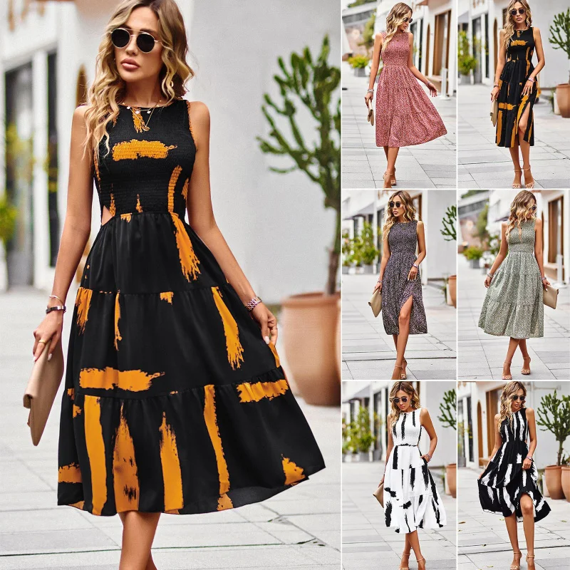 

Self-Designed European and American New Hot-Selling Floral-Print Dress Women2025Summer Elegant Sleeveless Dress