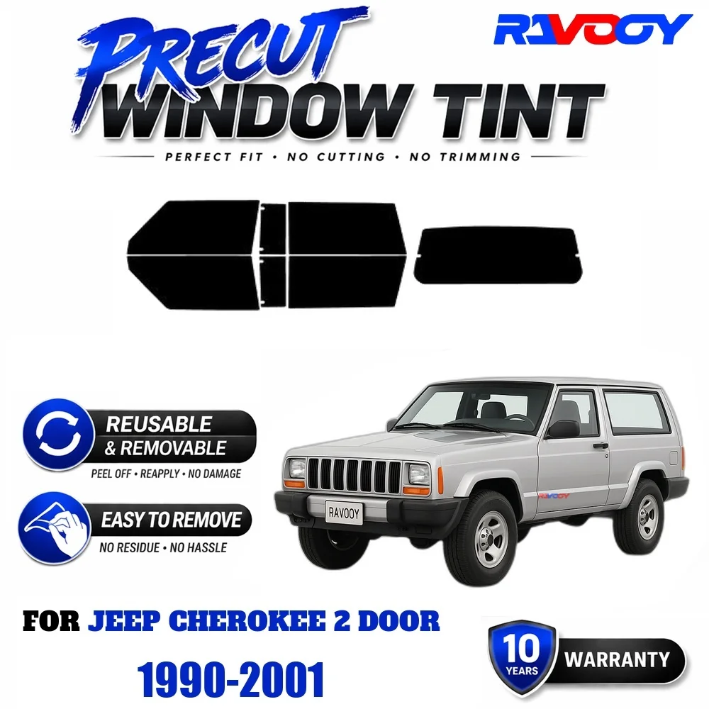 RAVOOY Precut Window Tint, Reusable Removable EPU Film, Custom Fit for Jeep Cherokee 2 Door 1990-2001, UV Heat Protection